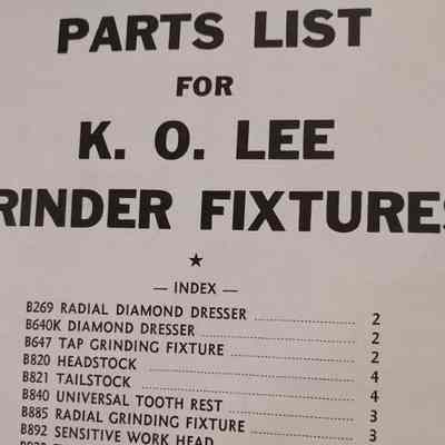 Parts list for K. O. Lee grinder fixtures