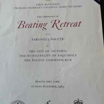 Beating retreat. First battalion Princess Patricia's Canadian Light Infantry. The ceremony of Beating Retreat at a farewell salute to the city of Victoria, the Municipality of Esquimalt, The Pacific Command, RCN