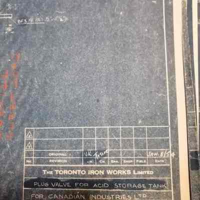 Plug valve for acid storage tank. The Toronto Iron Works. Technical drawing.