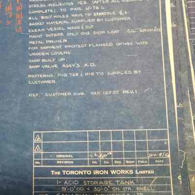 Acid storage tank. The Toronto Iron Works. Technical drawing.