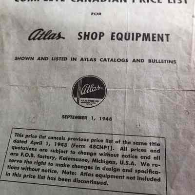 Complete Canadian price list for Atlas shop equipment