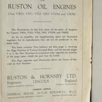 Spare parts list for Ruston oil engines. Class VWO, VYO, VTO, VSO, VTOM, VSOM