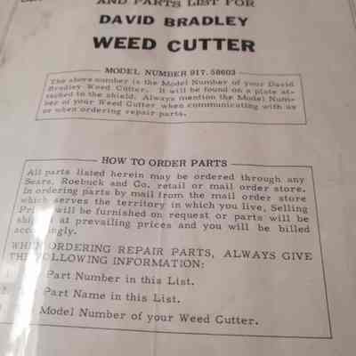 Setting up and operating instructions and parts list for David Bradley weed cutter
