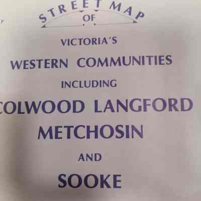 Street map of Victoria's western communities including Colwood, Langford, Metchosin, and Sooke