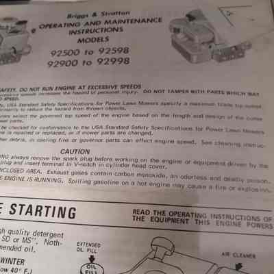 Briggs and Stratton operating and maintenance instructions models 92500 to 92598, 92900 to 92998