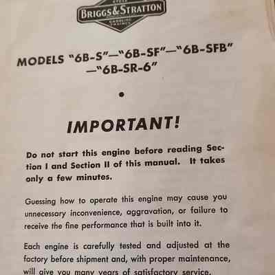Briggs and Stratton. Operating instructions. Models "6B-S" - "6B-SF" - "6B-SFB" - "6B=SR-6"