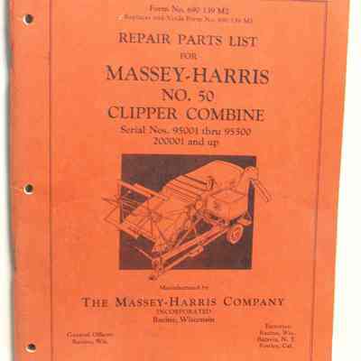 Repair parts list for Massey-Harris No 50 clipper combine. Serial No. 95001 thru 95500, 200001 and up