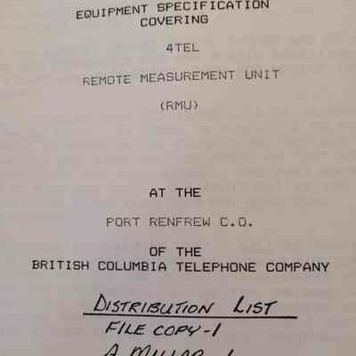 Equipment specification covering 4Tel remote measurement unit (RMU) at the Fort Renfrew C.O.