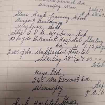 Handwritten. Kays Limited, Winnipeg, Manitoba. Stores, Sask. Training School. Airport building. List of items.
