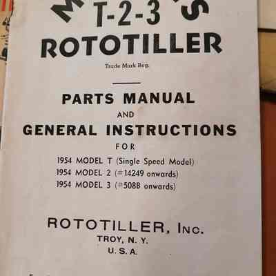 Models T-2-3 rototiller. Parts manual and general instructions. 1954 T (Single speed model), 1954 Model 2 (=14249 onwards). 1954 model 3 (-5088 onwards)