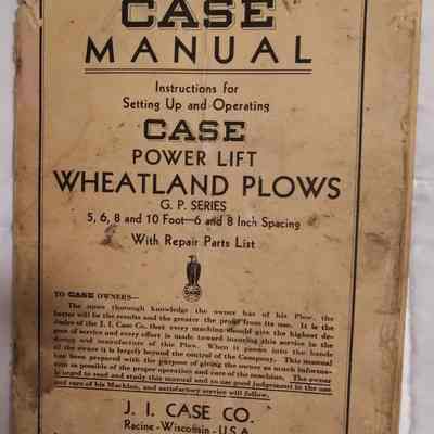 Case manual. Instructions for setting up and operating Case power lift wheatland plows. G. P. series. 5,6,8, and 10 foot - 6 and 8 inch spacing. With repair parts list.