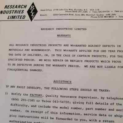 Research Industries Limited. Warrenty