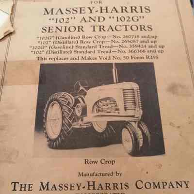 Massey-Harris. Repair parts list number 50A. "102" and "102G" senior tractors