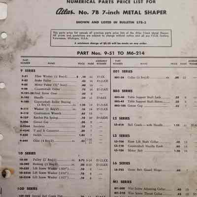 Atlas. Numerical parts price list for no 7B 7-inch metal shaper