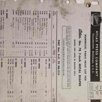 Numerical parts price list for Atlas