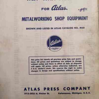 West Coast price list for Atlas metalworking shop equipment
