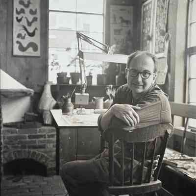 Robert Darr Wert in his studio, an Animals 229 scroll hanging to the right of the window, c.1958-60.: Collection of Sara Leeper. Image: unidentified photographer and media source.