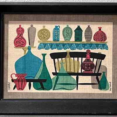 Bottles framed print, one of a pair, in c.1960 black painted Country Prints frame.: Collection of Kathryn Zentner.