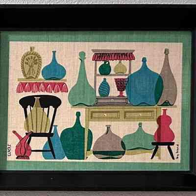 Bottles framed print, one of a pair, in c.1960 black painted Country Prints frame.: Collection of Kathryn Zentner.