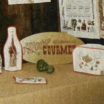 Motif Gourmet Sign with Motif Gourmet accessories.: Cropped from image below. Images: Collection of Sara Leeper, unless noted.