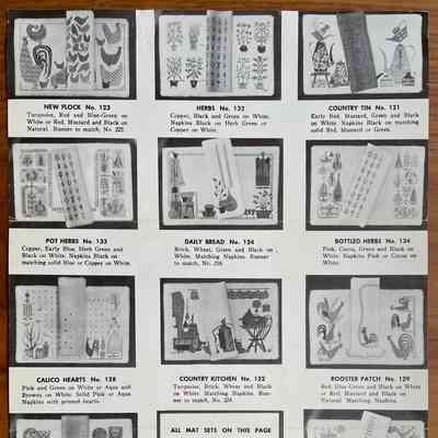 Polka-dot napkins shown, bottom row, in c.1954 placemat set brochure.: Collection of Sara Leeper. Image: PKM.