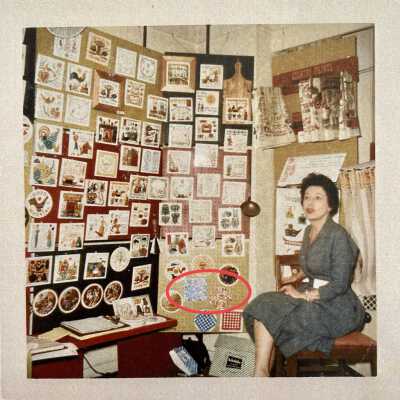 Transferware (TK) tiles circled in red.: 1960’s Country Prints trade show booth. Image: Collection of Sara Leeper.