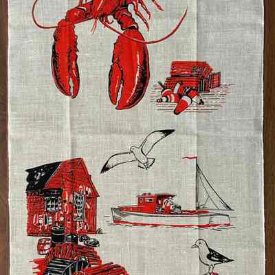 Matching towel/wallhanging: Red Lobster U235 on natural linen.: PKM collection.