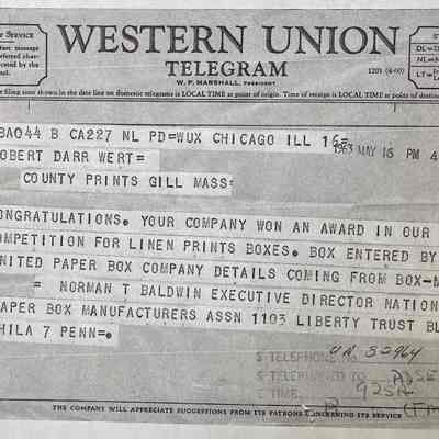 Telegram to Robert Darr Wert announcing the paper box competition win, May 16, 1963.: Collection of Sara Leeper.