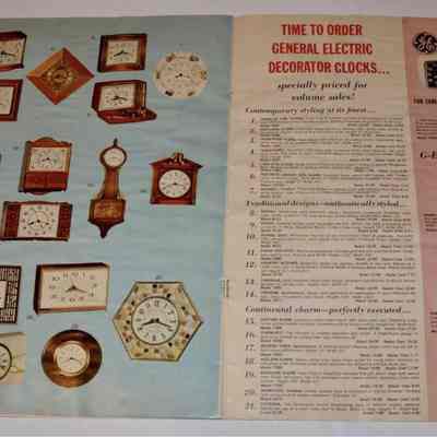 GE’s “Wholesale Gift Catalog/Holiday ‘63”. “Gourmet” clock in upper right corner of blue page.: Wert’s “Theme of Time” box clock at upper left, and possible Wert clock “Recipe”, left center; see separate entries.