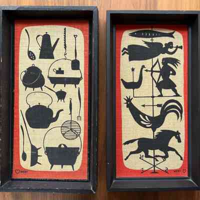 Pair: Weathervanes612-5 and Iron Pots 612-3 in c.1955 Country Prints black painted pine frames.: PKM collection.