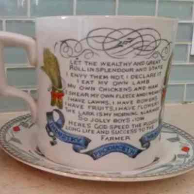 Back of Burgess & Leigh Pottery teacup with folk song lyrics and “Industry Produceth Wealth” banner.: Image: blog, Commonweeder.com