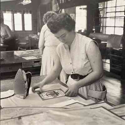 Second Day (TK) Gift Greeting in production in the Country Prints workshop, c.1958-60.: Collection of Sara Leeper. Image: unidentified photographer and media source.