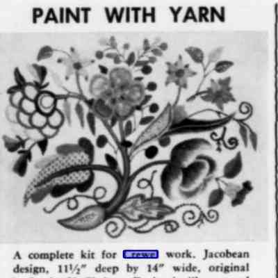 Ad for Louise Chrimes crewel embroidery kits for the Petersham Craft Center, Petersham, New Hampshire. Tree of Life pattern matches the chair cushion back of the cut and sew kit. Robert Darr Wert provided the silkscreen printed pattern for the Chrimes embroidery kits.: Yankee Magazine, 1961. Image: Margaret M. Geary