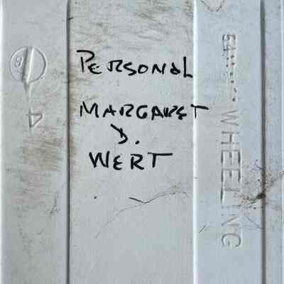 Notation by Margaret D. Wert, wife of Robert Darr Wert.: Wheeling Ceramics imprint at right. 54 with nine dots indicates the tile blanks were manufactured in September 1954.