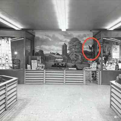 Rooster sculpture in the Country Prints display at the Big East Fair, Springfield MA, c.1963-64.