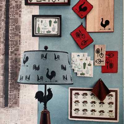 Wallpaper, at left behind lamp, and lower right.