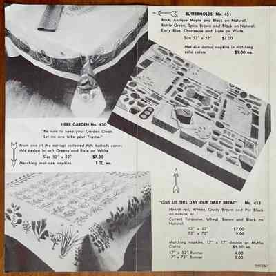 Buttermolds 451 tablecloth, upper left corner.: From “Country Prints Mat Sets and Luncheon Squares by Robert Darr Wert”, c.1955. Collection of Sara Leeper. Image: PKM