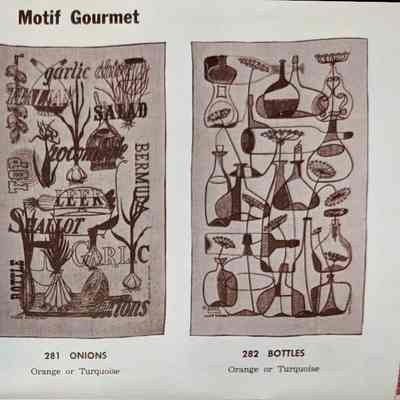 Motif Gourmet Bottles 282 towel/wallhanging, right.: From “Country Prints by Robert Darr Wert and Neighbors”, c.1966. Image: Clark Peramo