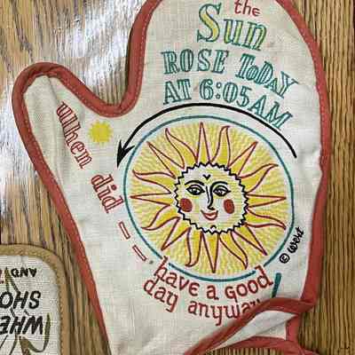 Matching Good Day oven mitt; see “Kitchen Accessories”.: Collection of the Gill Historical Commission. Image: Michael J. Dawson.