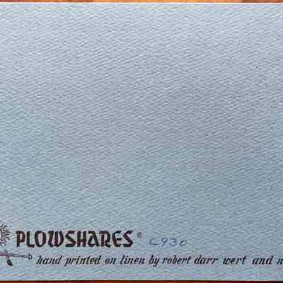 Back of greeting with Plowshares imprint.
