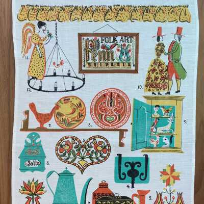 Pennsylvania Dutch 204 towel/wallhanging. “Figures From Plate” appear in upper right corner.: PKM collection.