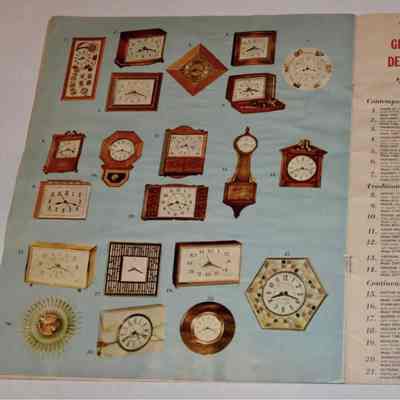 GE’s “Wholesale Gift Catalog/Holiday ‘63”. Recipe clock appears at left center.: Wert’s “Theme of Time” box clock, upper left corner. Another possible Wert clock, “Gourmet”, upper right corner; see separate entry. Image: litzker, eBay.com