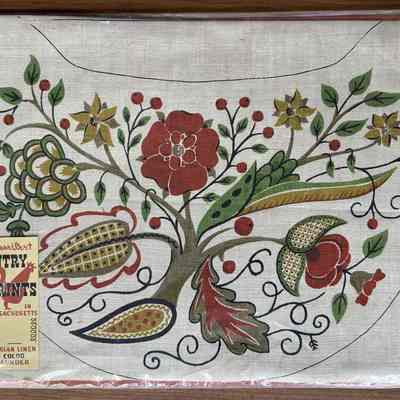 Matching Crewel cut-and-sew chair cushion kit by Country Prints, c.1961.: PKM collection.