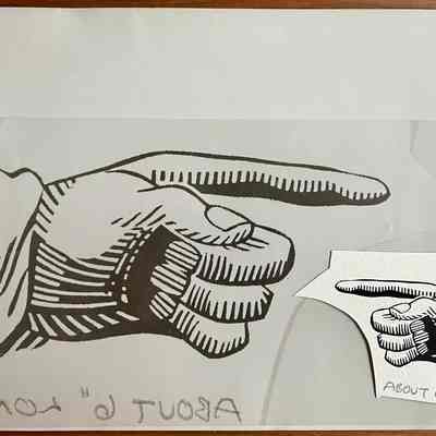 Manicule or pointing hand art with enlargement. Enlargement: 6 1/2” w x 3” h.