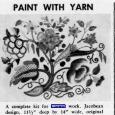 Ad for a Louise Chrimes crewel embroidery kit for the Petersham Crafts Center of Petersham, New Hampshire.: Yankee Magazine, 1961. Image: Margaret M. Geary