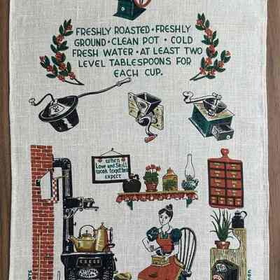 Upper half of the Kitchen Blessing (TK) calendar towel is adapted from this towel/wallhanging Good Coffee U250; see “Towels/Wallhangings”.: PKM collection.
