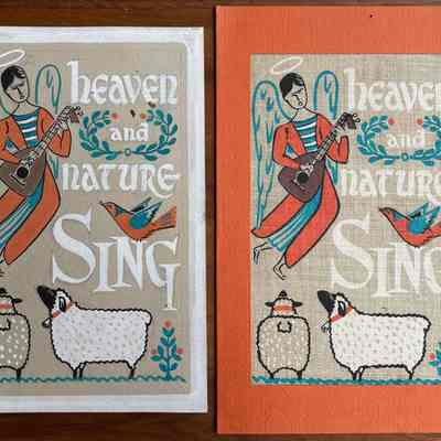 Artwork, left, next to a finished production notecard.: Collection of Sara Leeper.