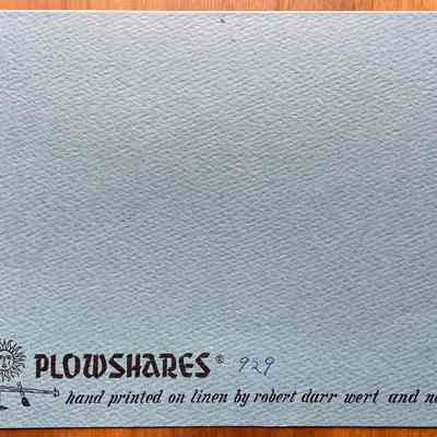 Back of greeting card with Plowshares imprint and handwritten stock number.