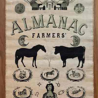 Coordinating wallhanging, Almanac 230 (TK); see “Wallhangings”.: Farmer, barns and moon appear at top of composition. PKM collection.