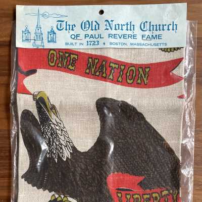 Example of a signed Wert towel/wallhanging in a Stevens Linens Associates, Inc. packaging for the Old North Church, Boston, Massachusetts, 1970’s.: PKM collection.